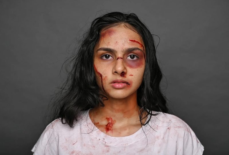 Special-effects makeup simulating cuts and bruising, stained white top, dark grey backdrop