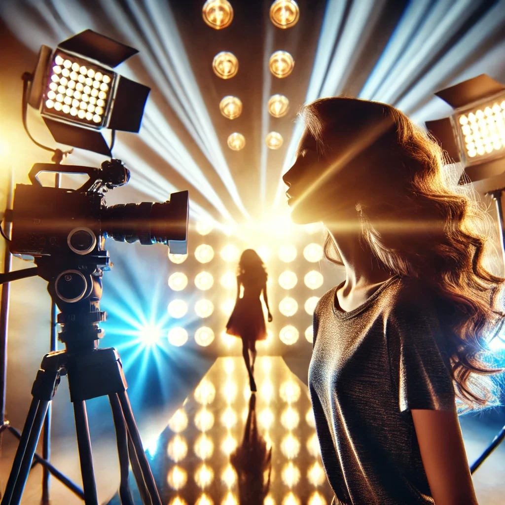 Illustration: a woman facing a film camera and studio lights, a silhouette lit on the stage beyond