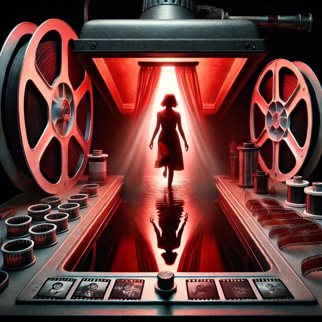 Illustration: a figure walking toward red darkroom light between two large film reels