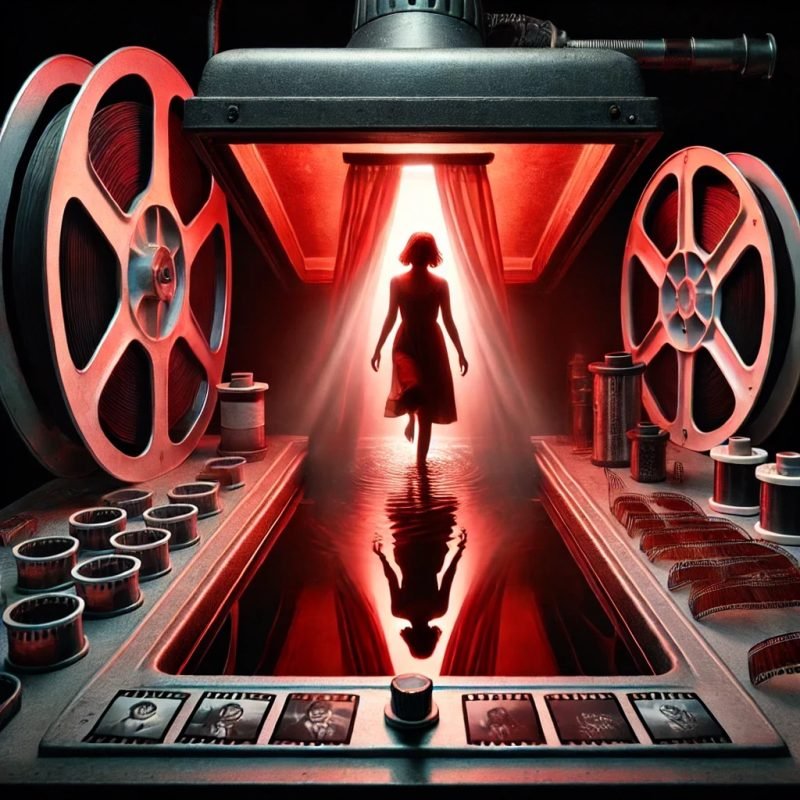 Illustration: a figure walking toward red darkroom light between two large film reels