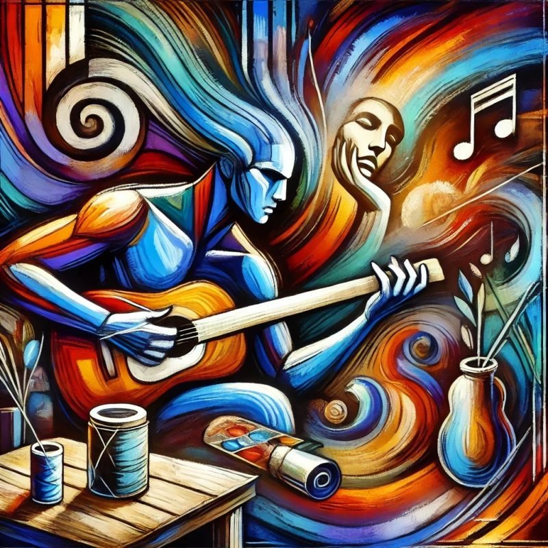 Illustration: abstract figures, musical notes and paintbrushes in swirling colour
